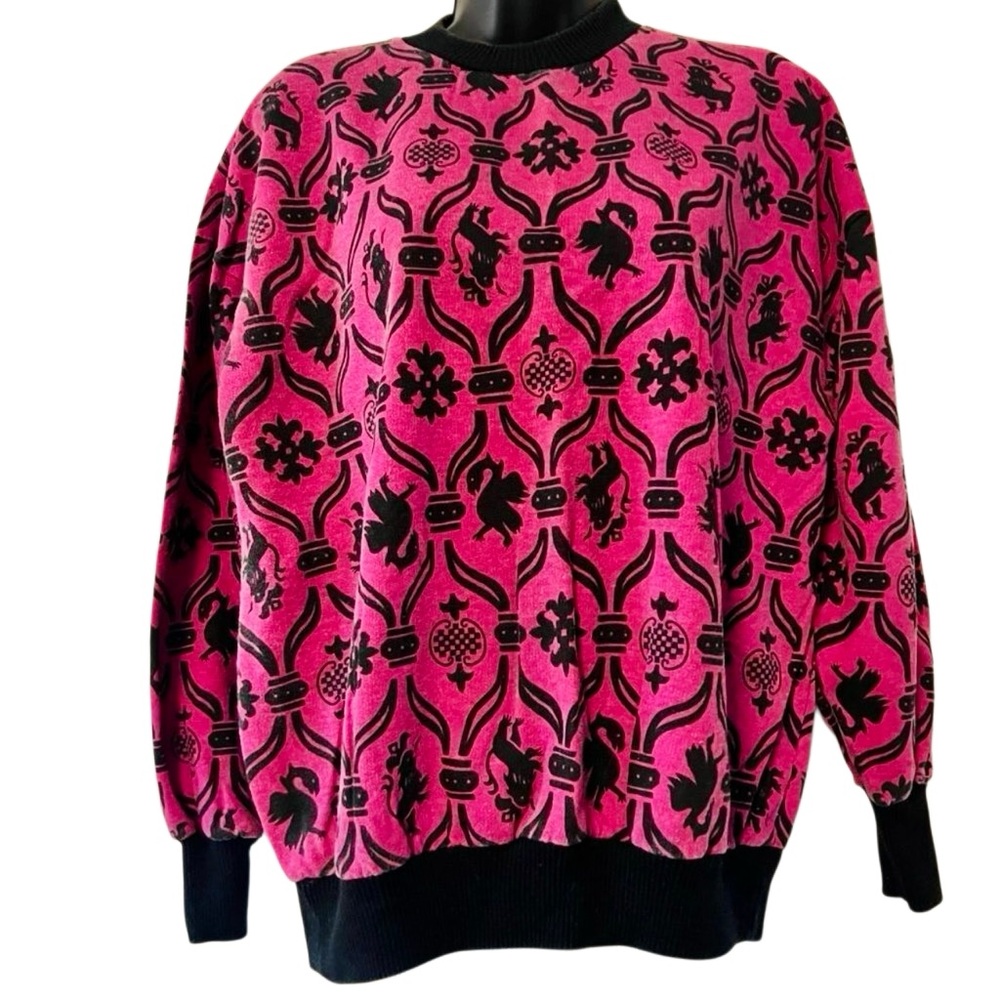 VTG 80's 90s Hot Pink Black Damask Drop Shoulder Boxy mock Neck sweatshirt M
